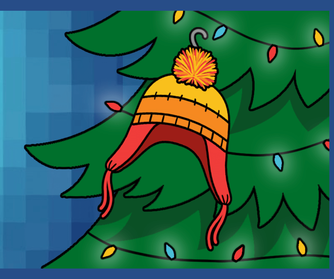 Cartoon image of a Christmas tree with a Jayne hat from Firefly (knit cap with earflaps and pompom in yellow, orange, and red).